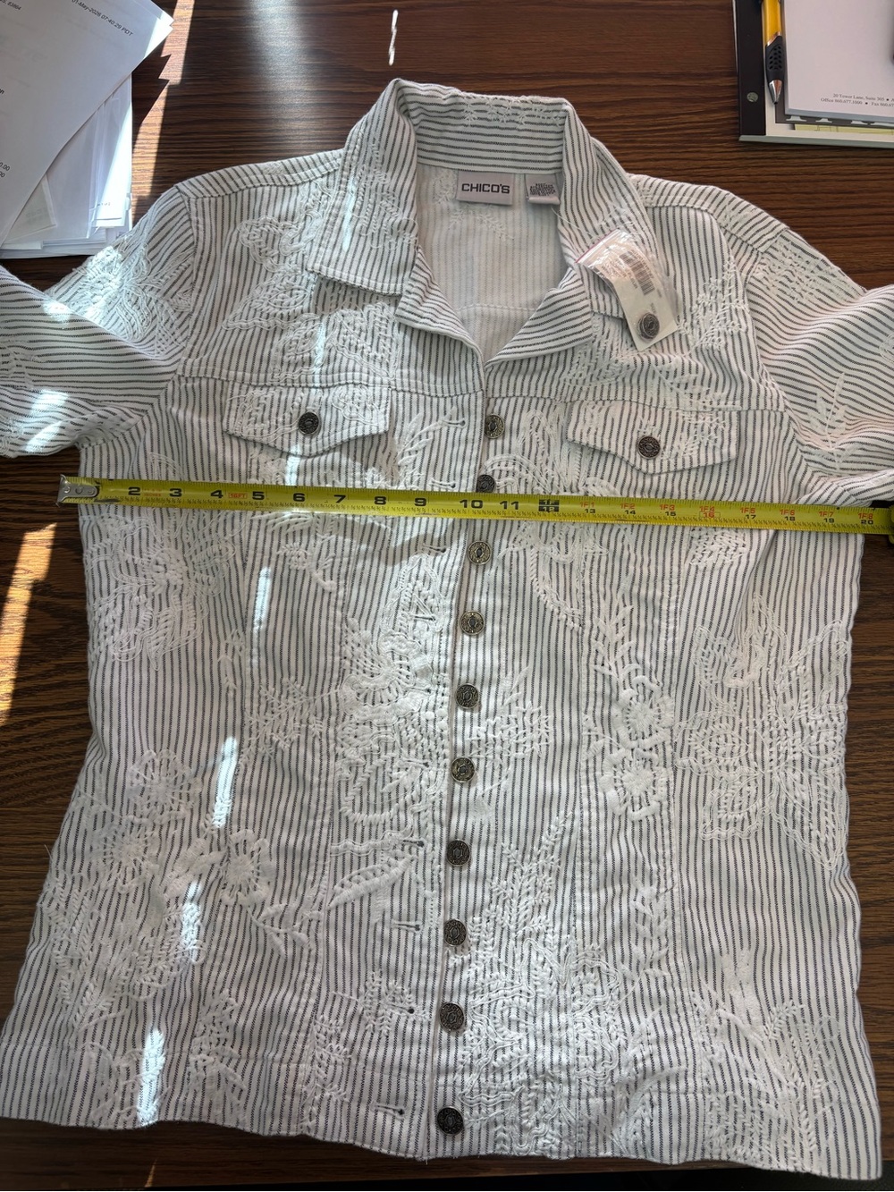 Chico's Embroidered Striped Button-Front Jacket - White & Gray - Picture 6 of 11